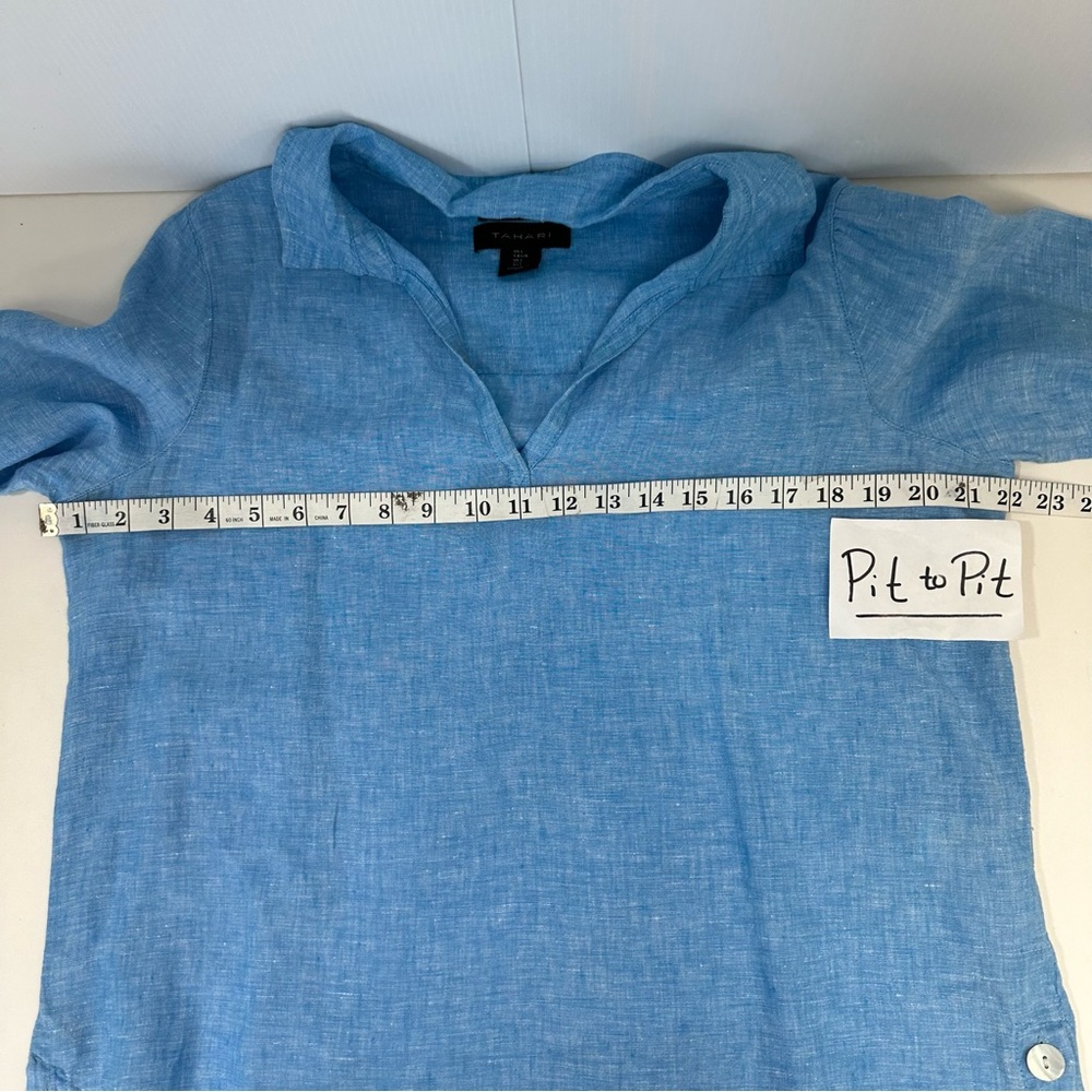 Tahari Top Blue Linen Collared V-neck 3/4 Sleeve Coastal Beachy Lightweight Sz L - Picture 11 of 12